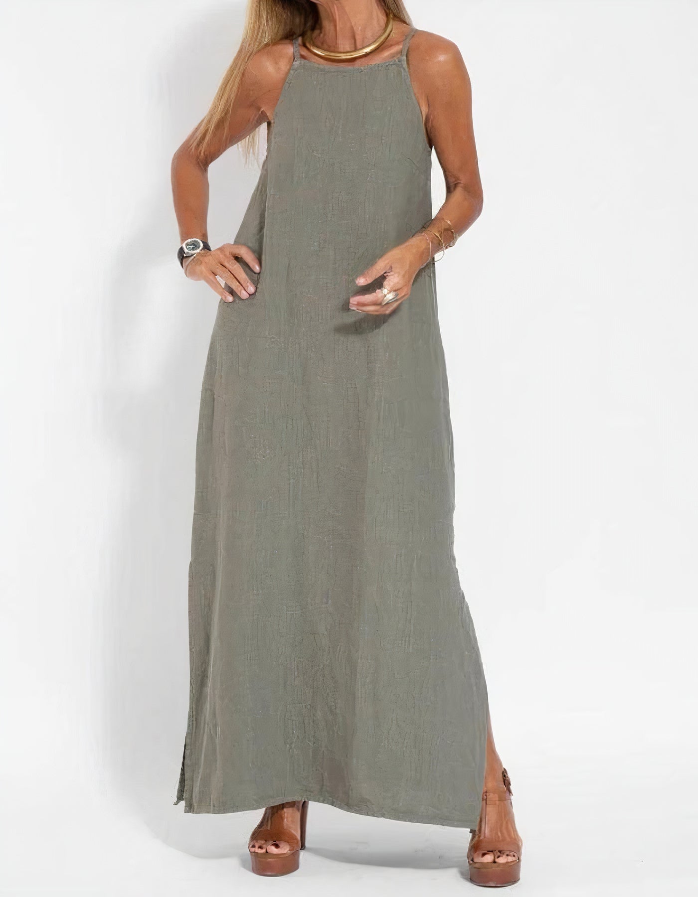 Women's Maxi Dress - Sleeveless Halter Neck - Lightweight Cotton Blend - Flowy Fit