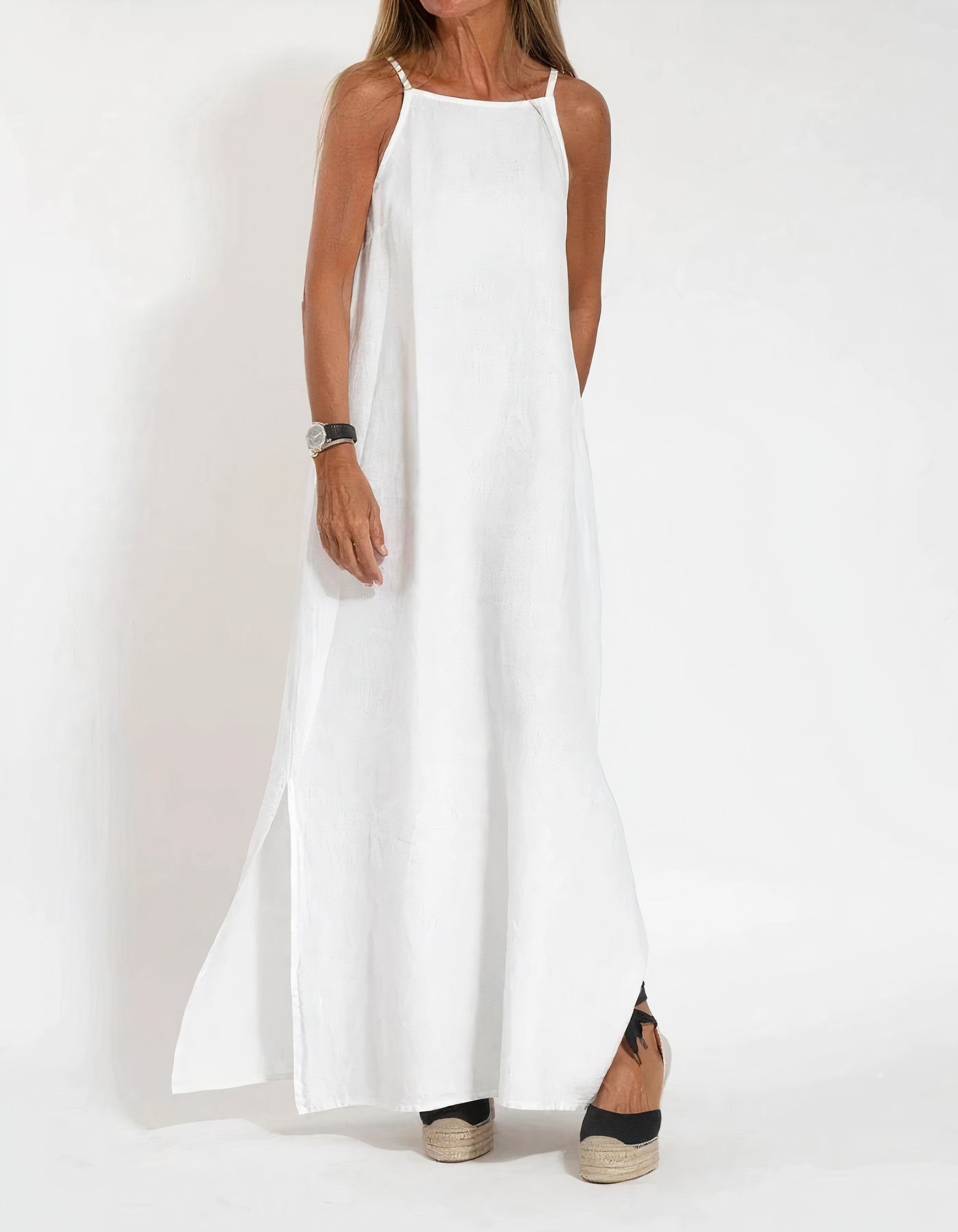 Women's Maxi Dress - Sleeveless Halter Neck - Lightweight Cotton Blend - Flowy Fit