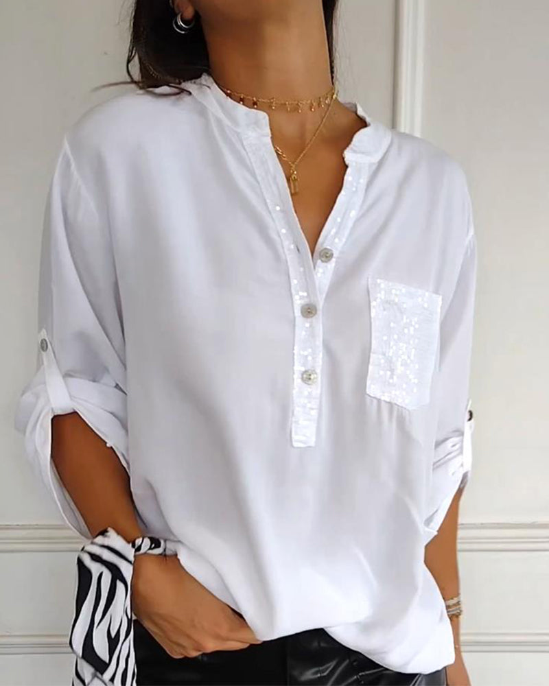 Women's Blouse - V-Neck Button Front - Sequin Detail - Rolled Sleeve Casual Fit
