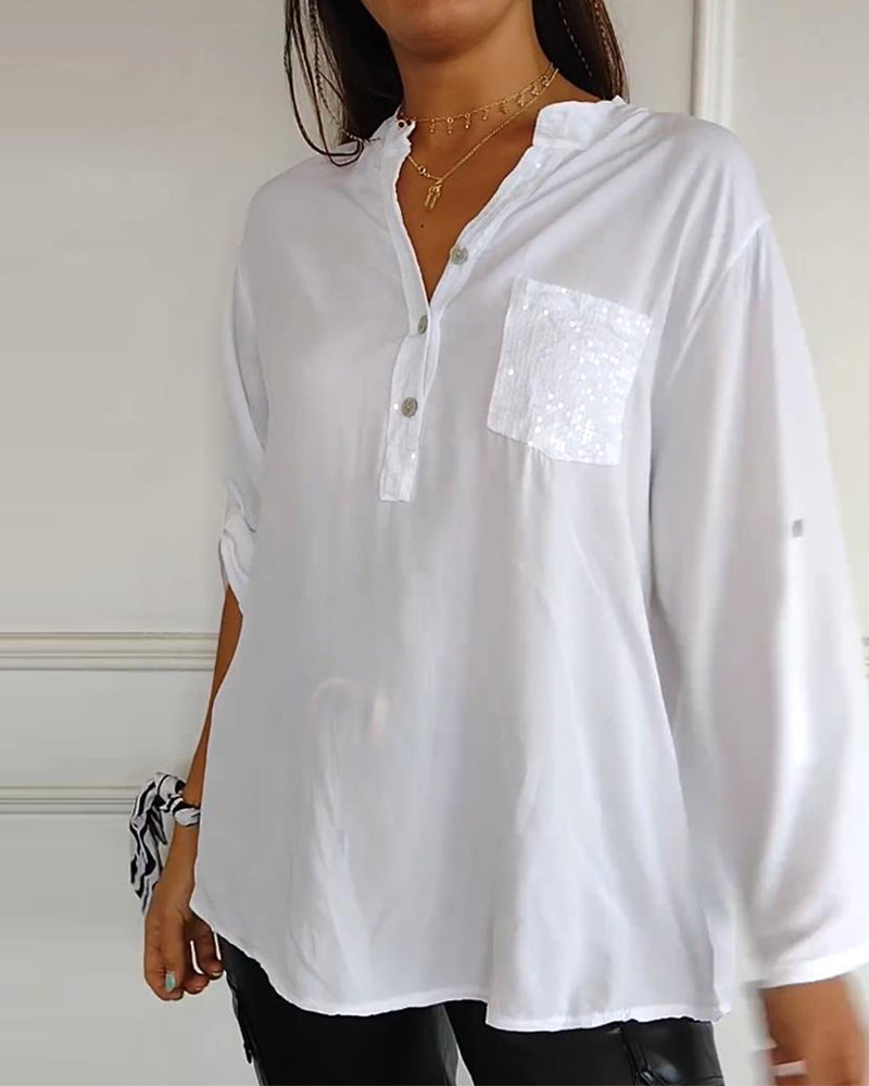 Women's Blouse - V-Neck Button Front - Sequin Detail - Rolled Sleeve Casual Fit