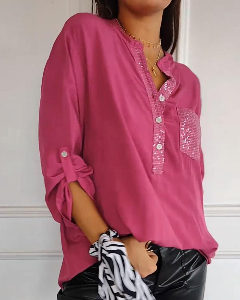 Women's Blouse - V-Neck Button Front - Sequin Detail - Rolled Sleeve Casual Fit