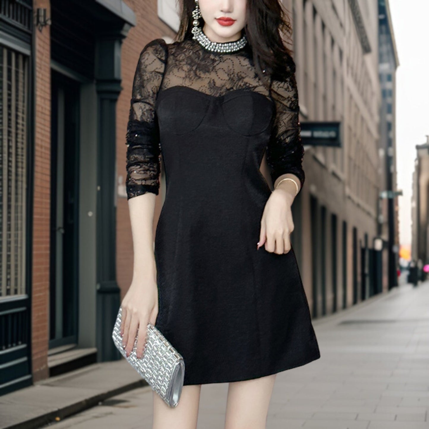 Women's A-Line Dress - Bustier Style - Sheer Lace Sleeves - Elegant Formal Wear