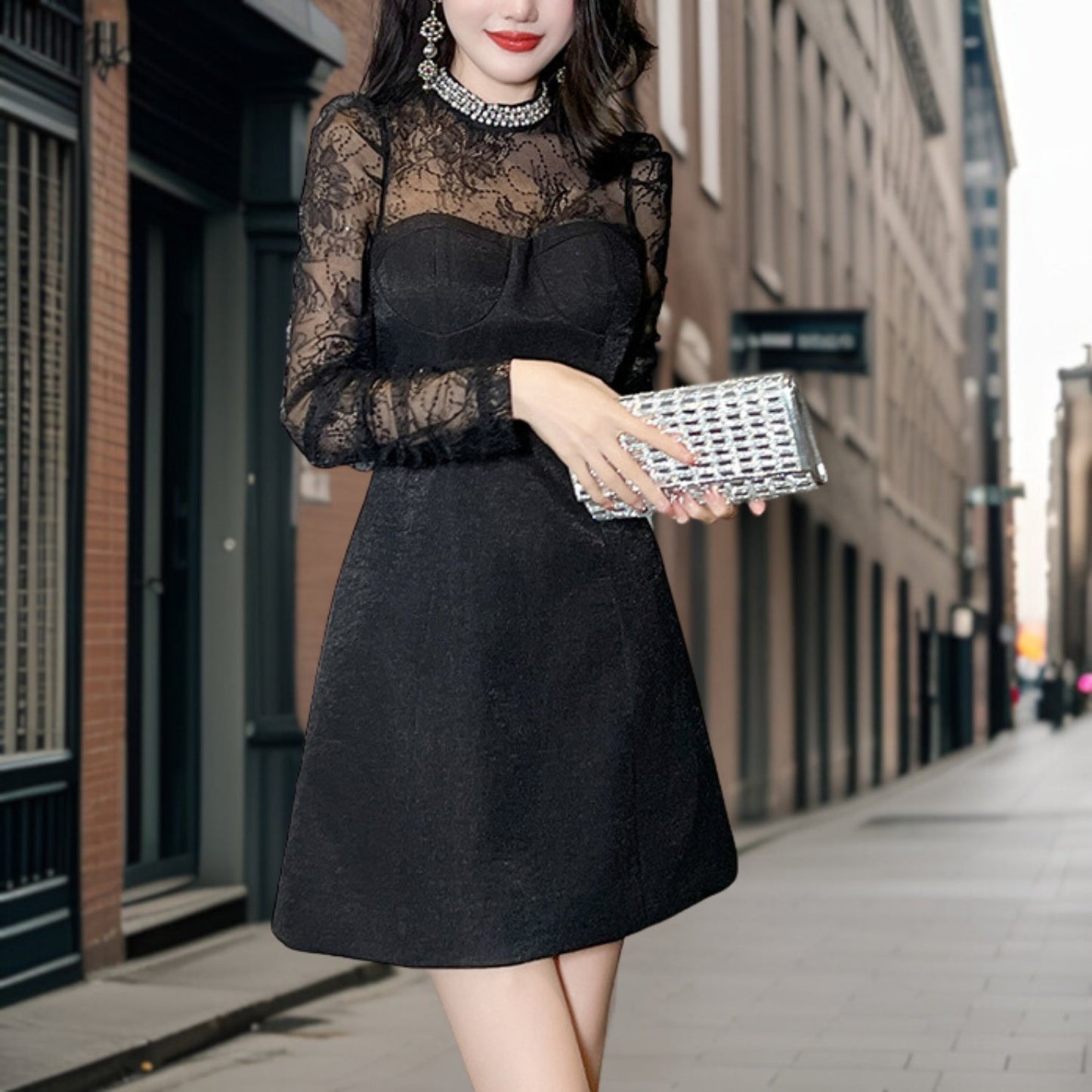 Women's A-Line Dress - Bustier Style - Sheer Lace Sleeves - Elegant Formal Wear