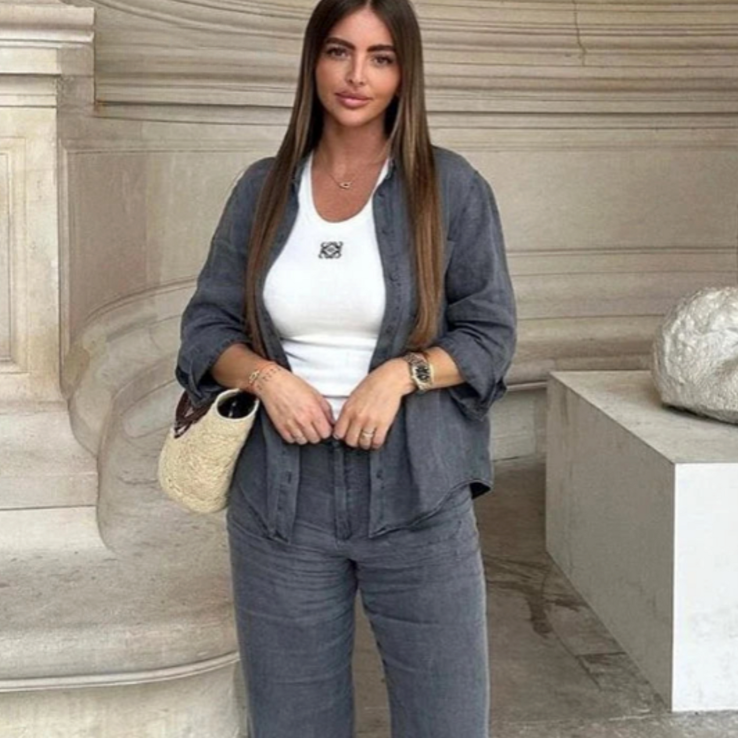 Women's Linen Two-Piece Set - Button-Down Shirt & High-Waisted Pants - Relaxed Fit