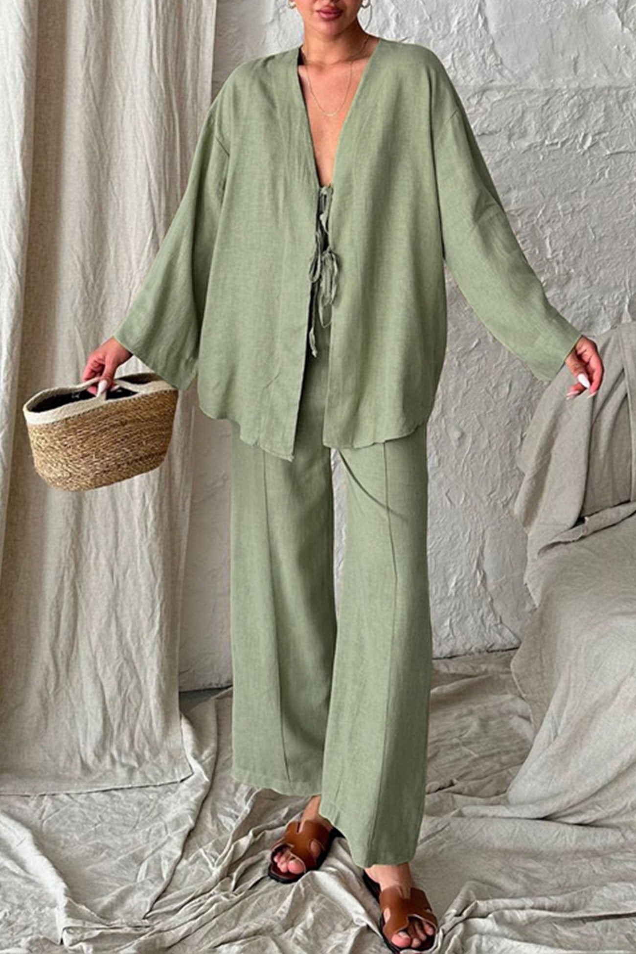 Women's tie-front long sleeve shirt and loose long pants with pockets