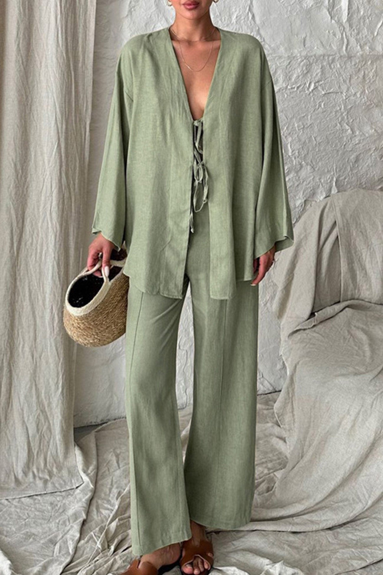 Women's tie-front long sleeve shirt and loose long pants with pockets