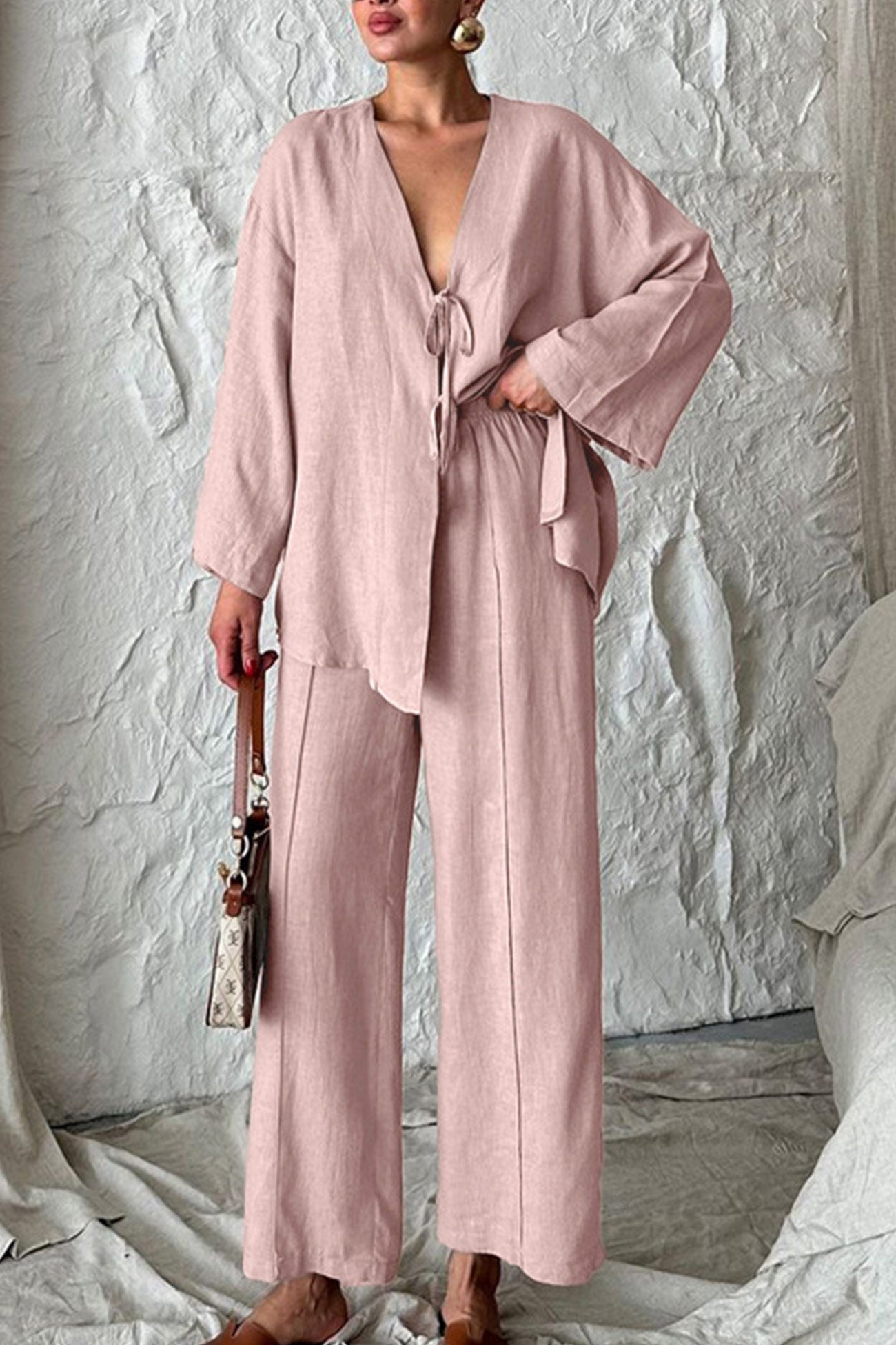Women's tie-front long sleeve shirt and loose long pants with pockets