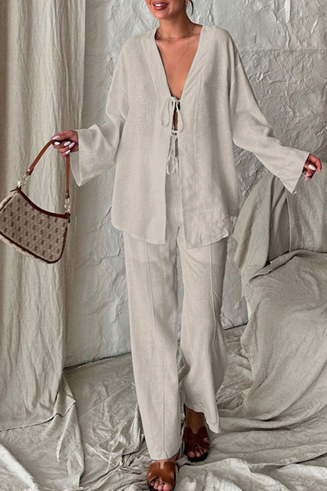 Women's tie-front long sleeve shirt and loose long pants with pockets