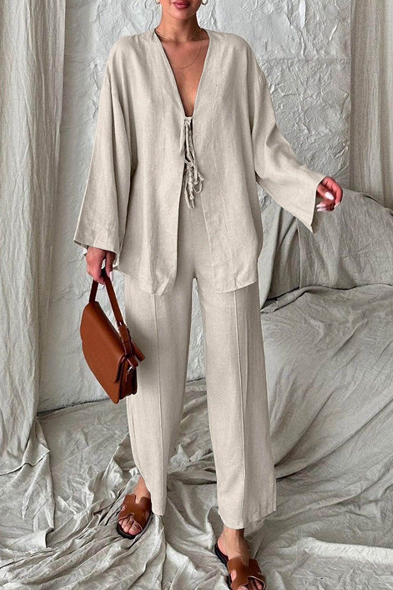Women's tie-front long sleeve shirt and loose long pants with pockets