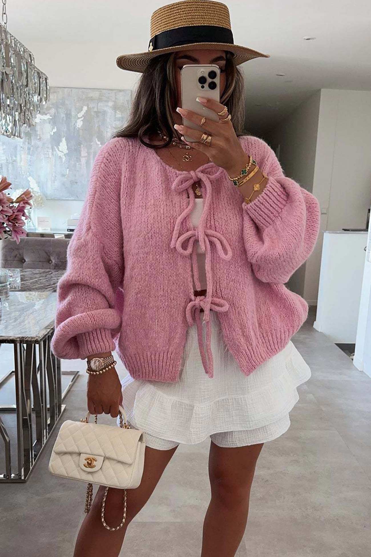 Women's tie-up lantern sleeve cardigan