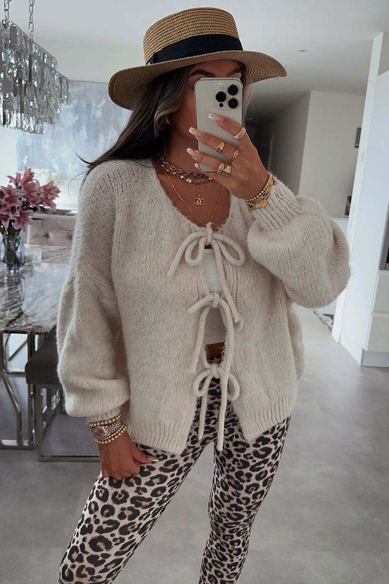 Women's tie-up lantern sleeve cardigan