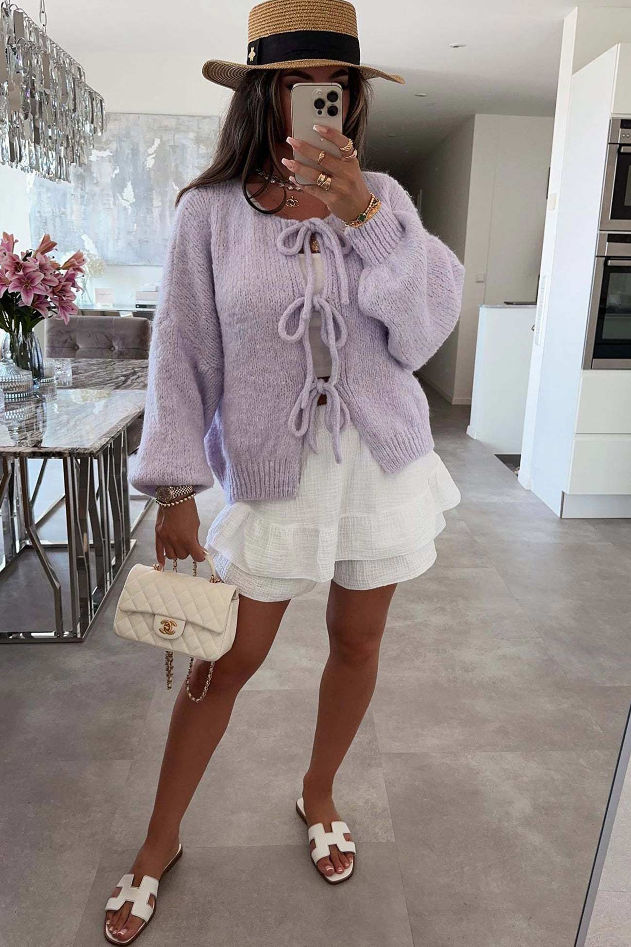 Women's tie-up lantern sleeve cardigan
