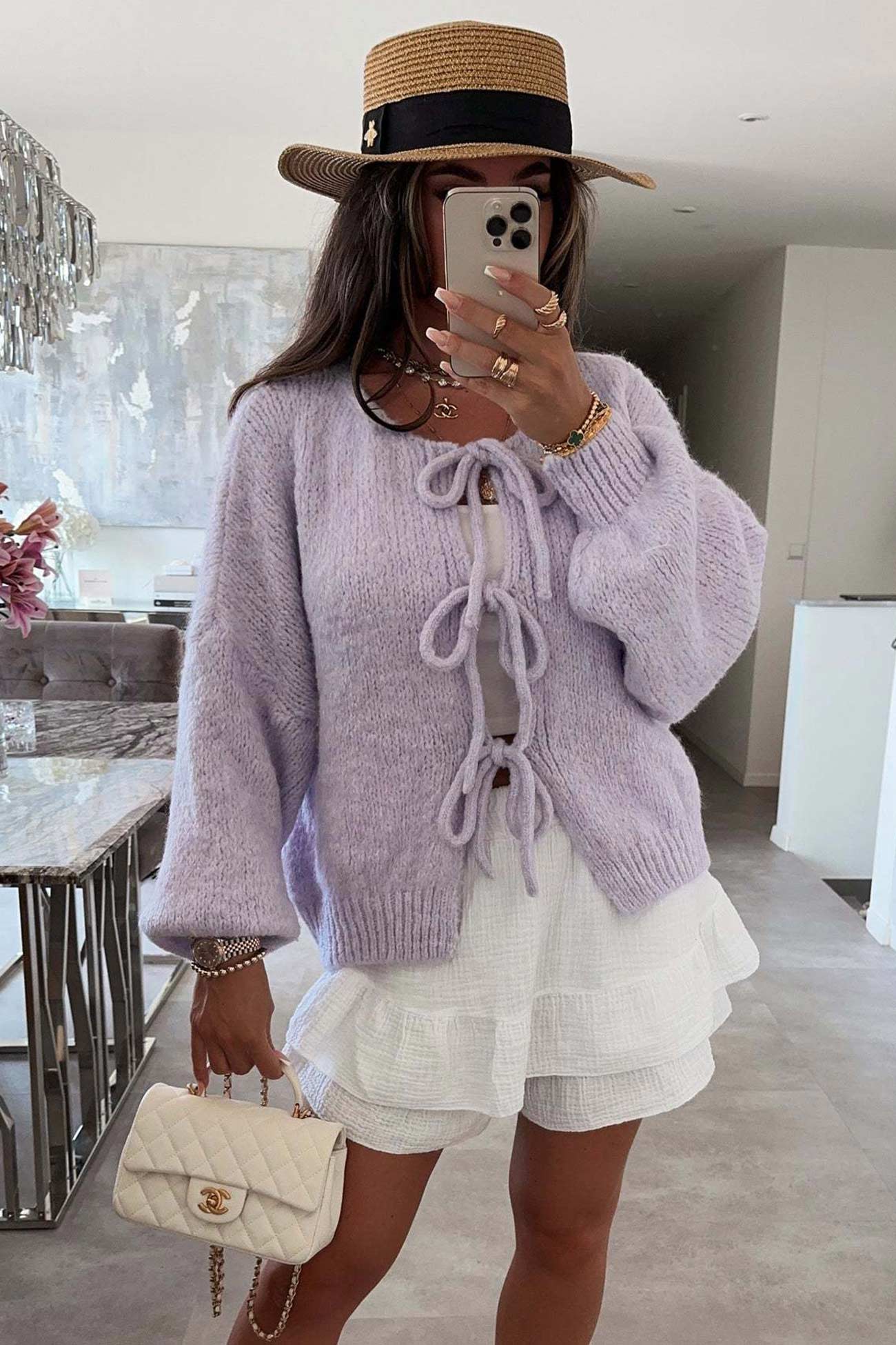 Women's tie-up lantern sleeve cardigan