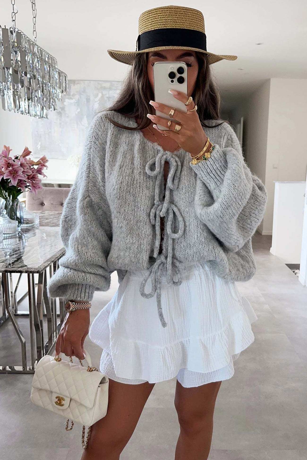 Women's tie-up lantern sleeve cardigan