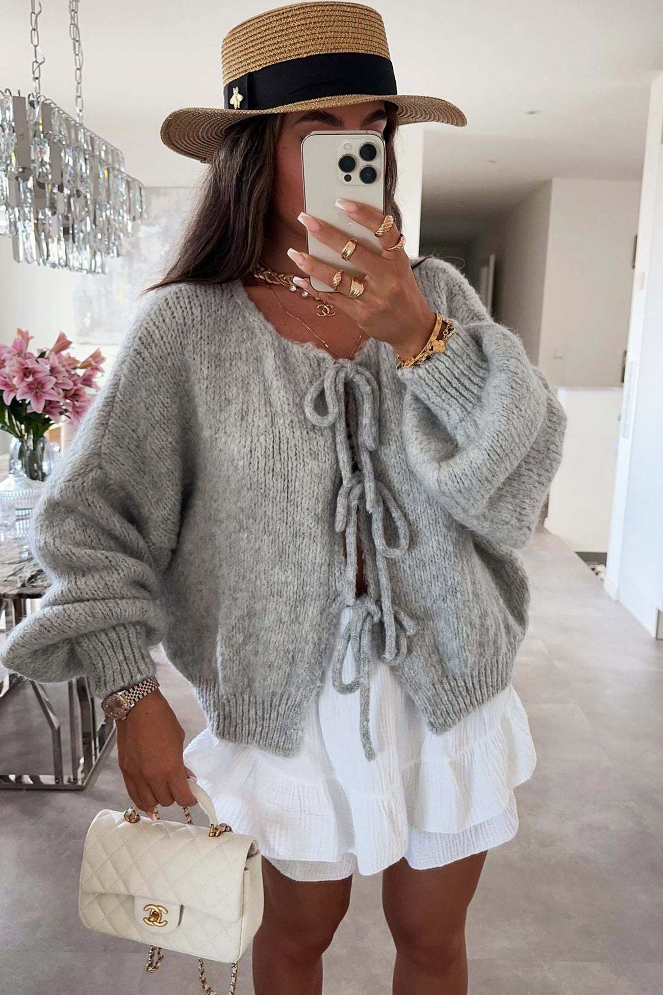 Women's tie-up lantern sleeve cardigan