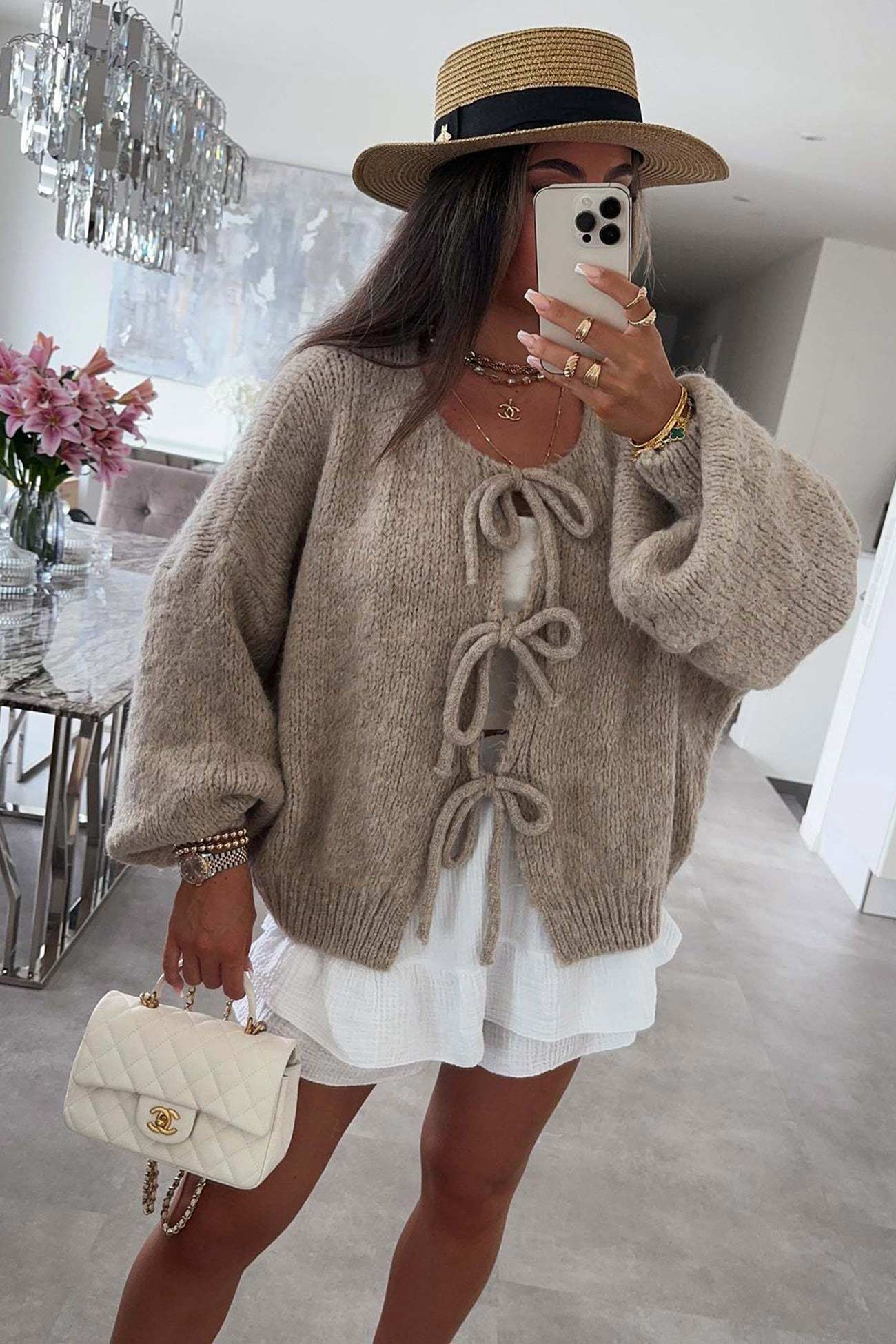 Women's tie-up lantern sleeve cardigan
