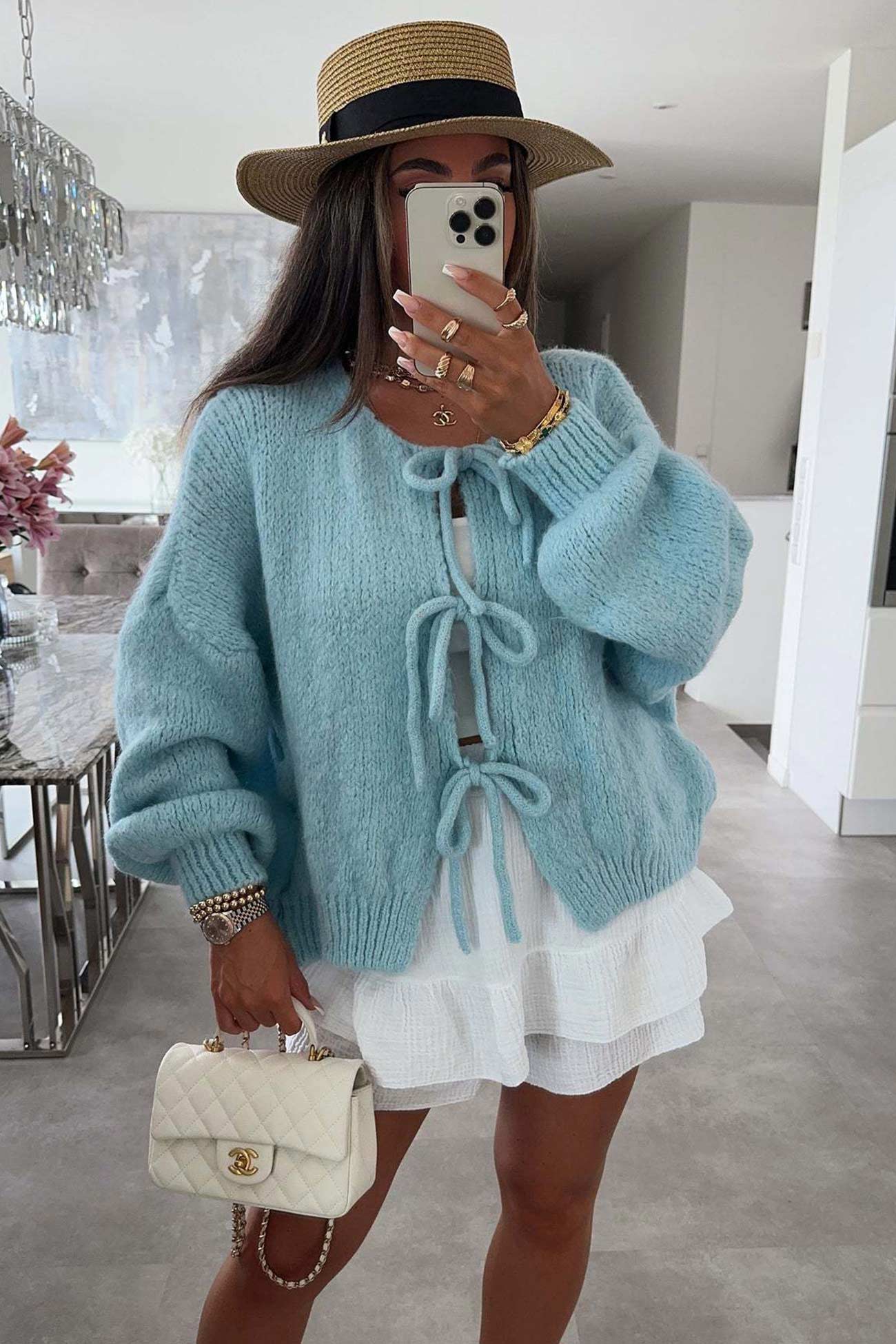 Women's tie-up lantern sleeve cardigan