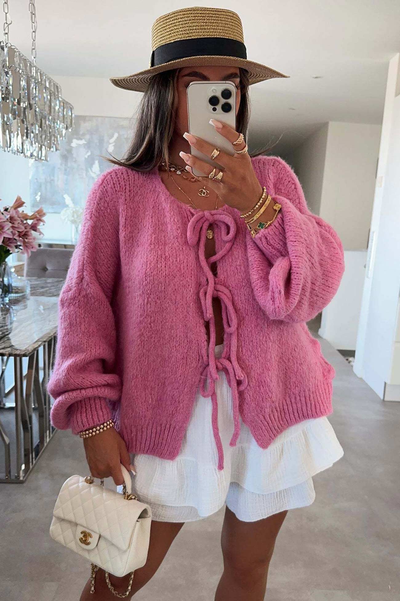 Women's tie-up lantern sleeve cardigan