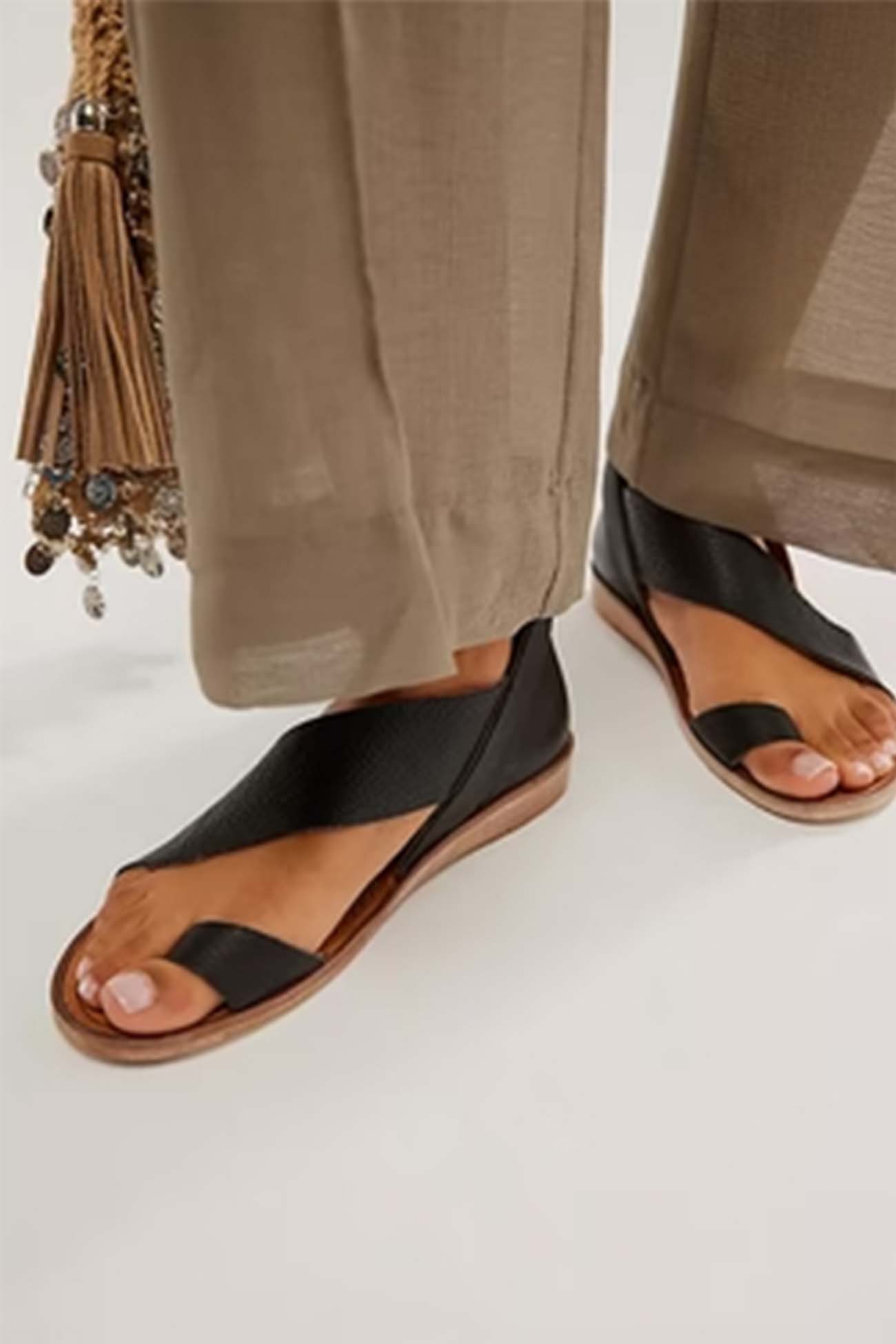 Women's Flat Sandals - Textured Leather - Crisscross Straps - Adjustable Ankle Strap