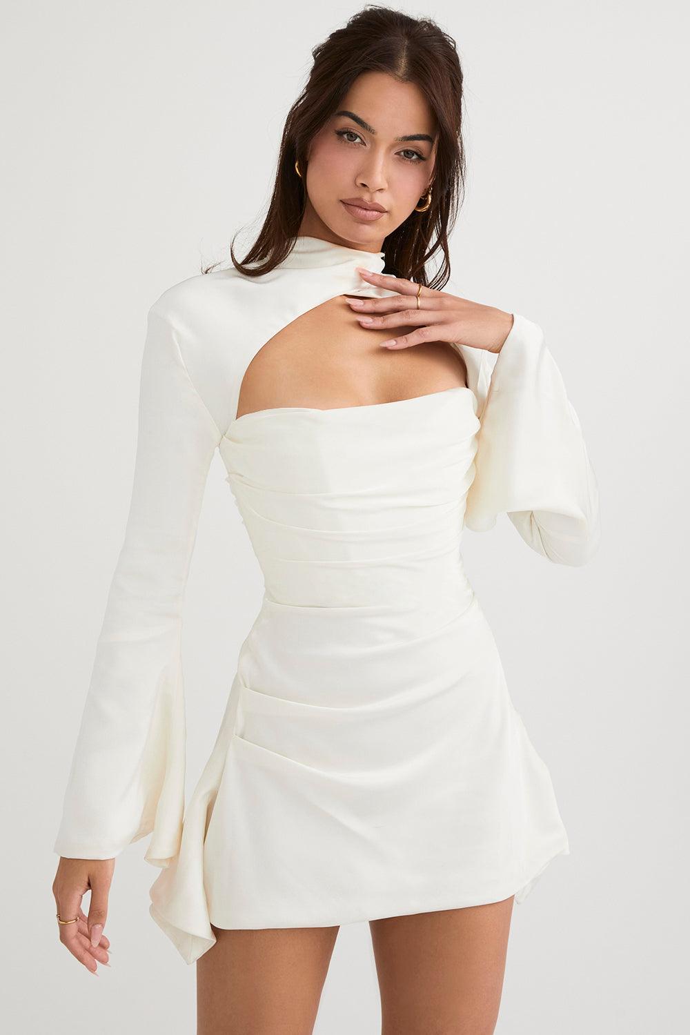 Women's Mini Dress - Satin Finish - Fitted Silhouette - Long Sleeve Cutout Design