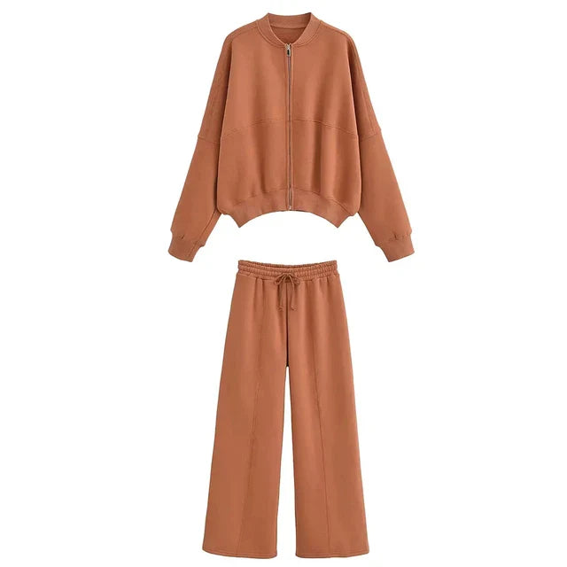 Women's zipper flannel bomber jacket pants set