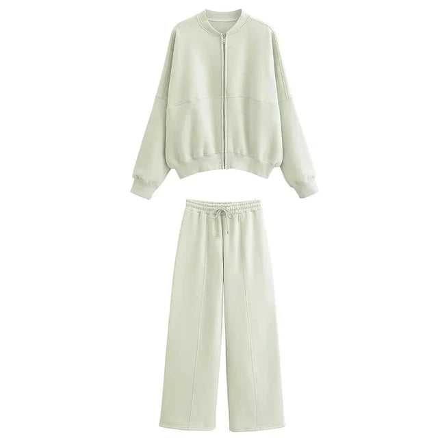 Zipper Flannel Bomber Jacket Pants Set