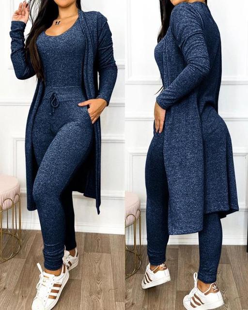 Women's Lounge Set - Fitted Tank Top & High-Waisted Leggings - Long Sleeve Cardigan
