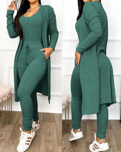 Women's Lounge Set - Fitted Tank Top & High-Waisted Leggings - Long Sleeve Cardigan
