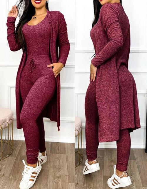 Women's Lounge Set - Fitted Tank Top & High-Waisted Leggings - Long Sleeve Cardigan