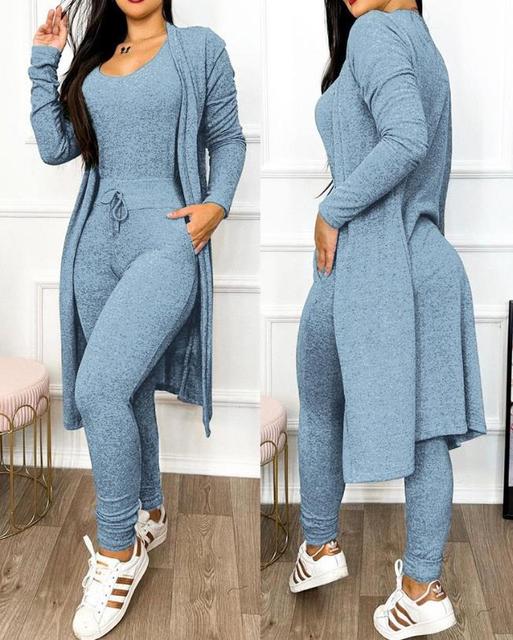 Women's Lounge Set - Fitted Tank Top & High-Waisted Leggings - Long Sleeve Cardigan