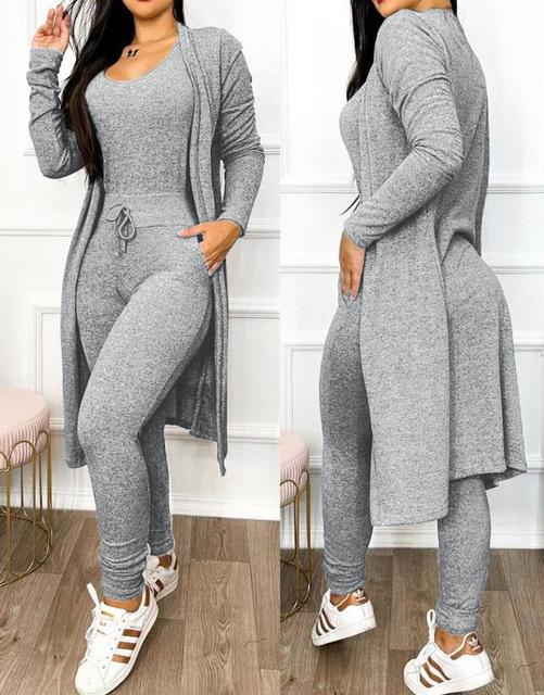 Women's Lounge Set - Fitted Tank Top & High-Waisted Leggings - Long Sleeve Cardigan