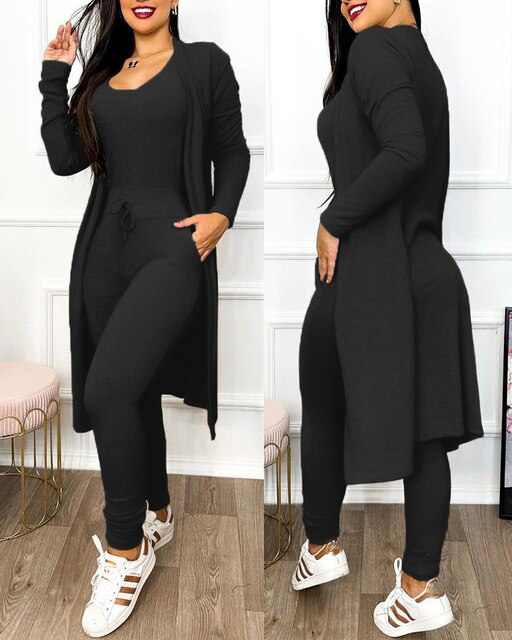 Women's Lounge Set - Fitted Tank Top & High-Waisted Leggings - Long Sleeve Cardigan