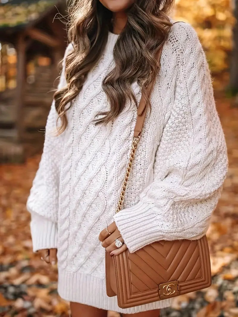 Women’s Sweater Dress – Oversized Fit – Cable Knit Wool Blend – Mini Length – Long Sleeve