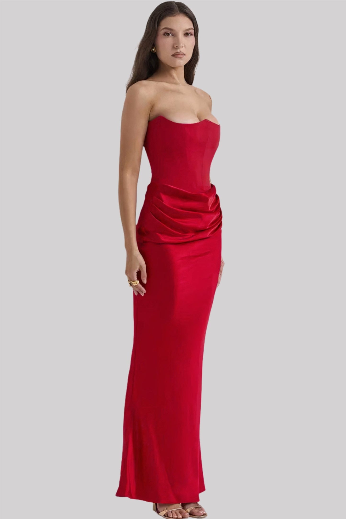 Women’s Maxi Dress – Strapless Fit – Satin-Like Fabric – Draped Silhouette – Formal Wear