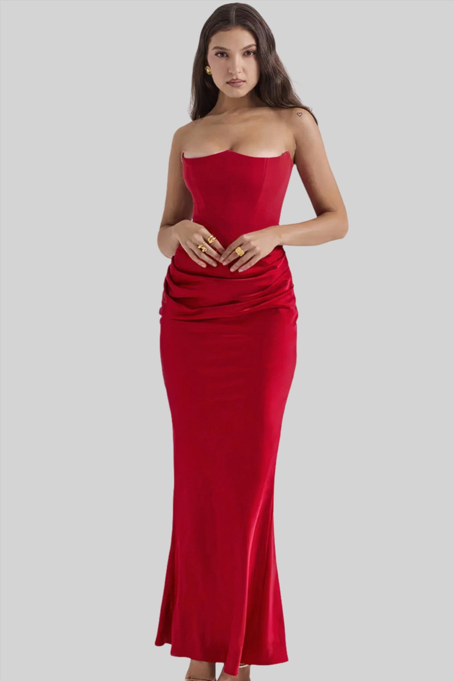 Women’s Maxi Dress – Strapless Fit – Satin-Like Fabric – Draped Silhouette – Formal Wear