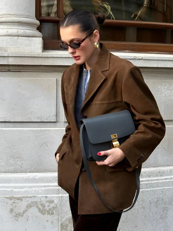 Retro brown lapel blazer with pockets & button closure