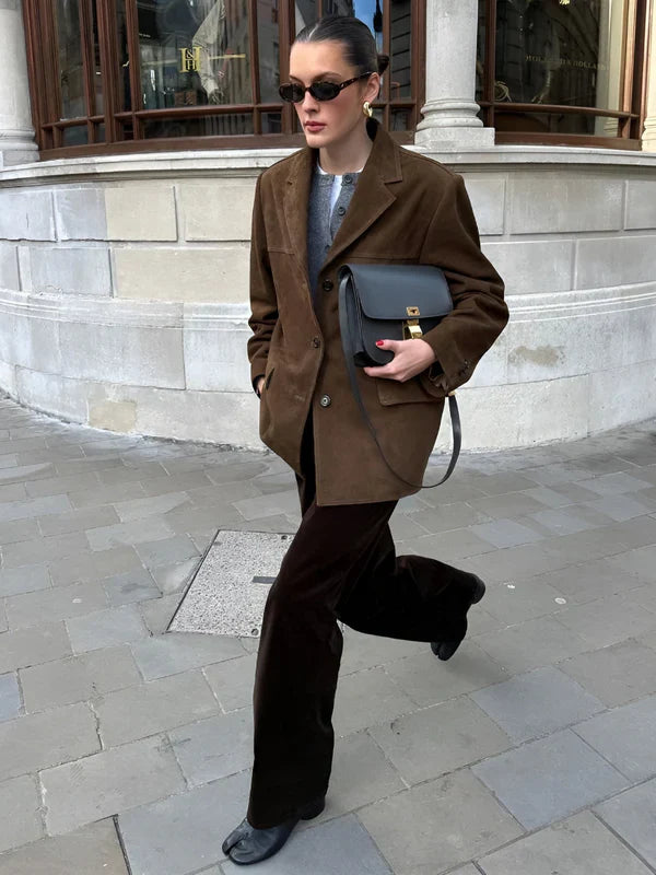 Retro brown lapel blazer with pockets & button closure