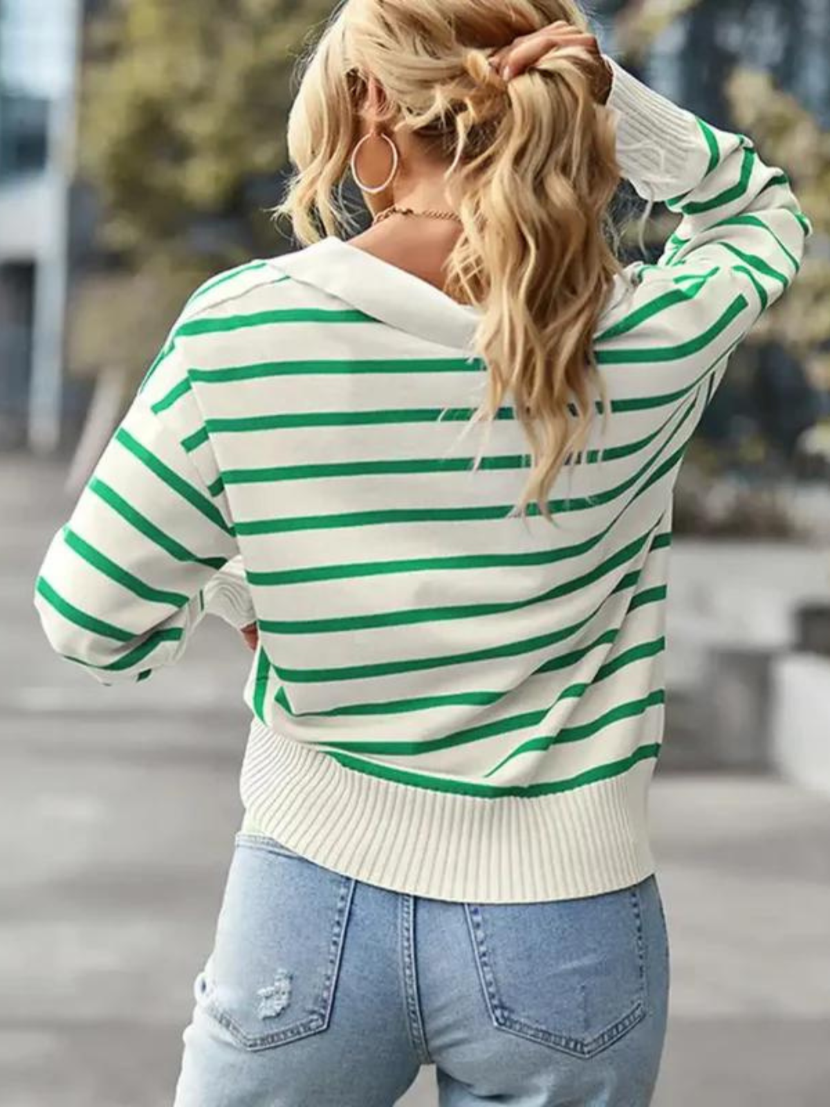 Women’s Knit Sweater – Striped Design – Polo Collar – Long Sleeve Ribbed Trim