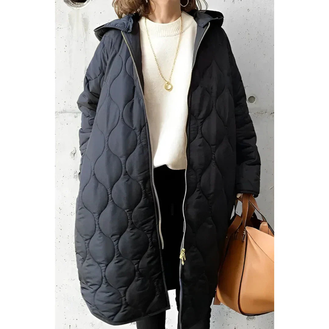 Women’s Quilted Jacket – Oversized Fit – Hooded Long Length – Zip Front Closure