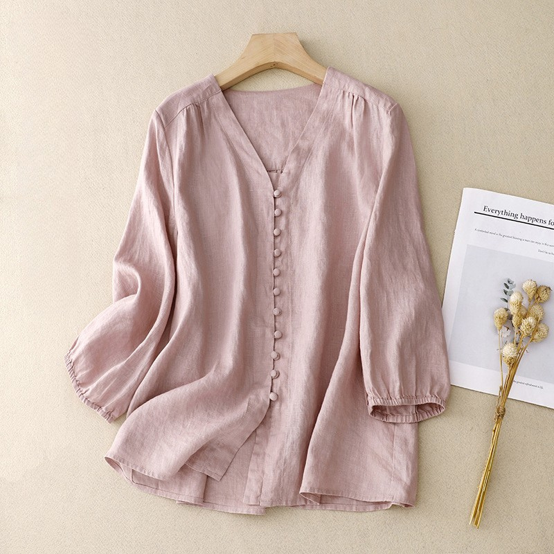 Women's Blouse - Lightweight - V-Neck - Button-Up Long Sleeve