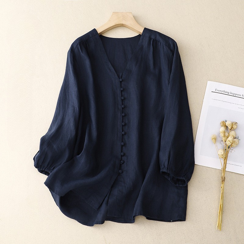 Women's Blouse - Lightweight - V-Neck - Button-Up Long Sleeve