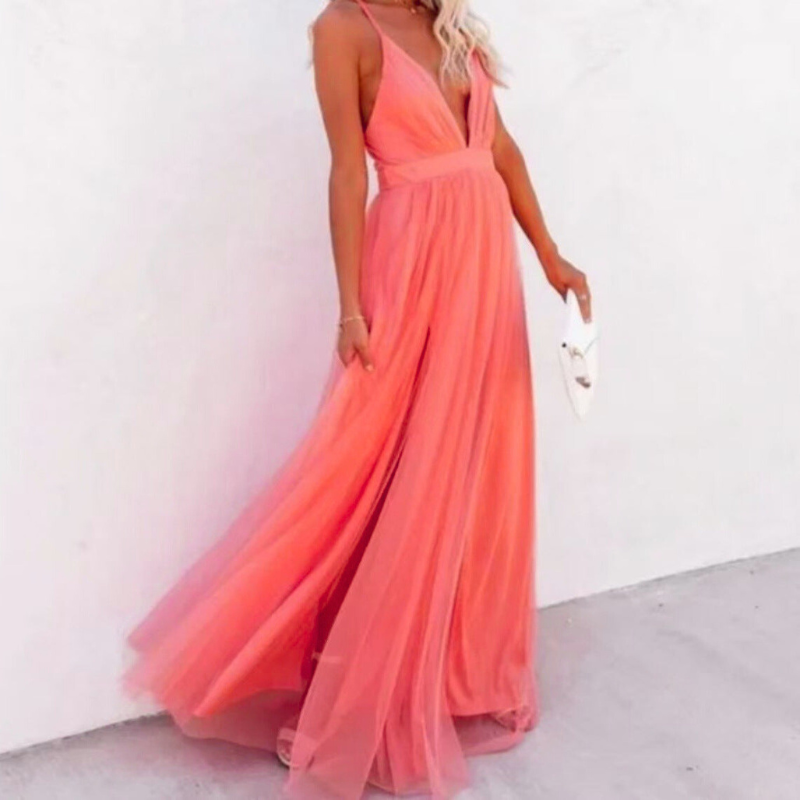 Women’s Maxi Dress – Sleeveless V-Neck – Cinched Waist – Flowy Lightweight Fabric