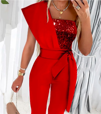 Women's luxury sleeveless sequined jumpsuit with belt
