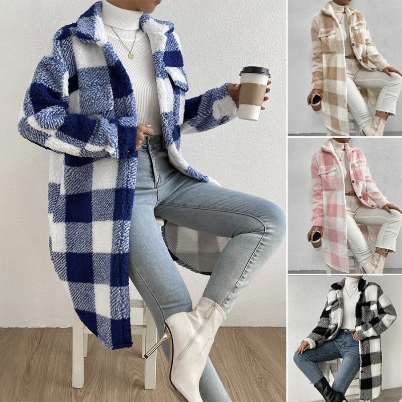 Women's open button lapel plush plaid midi jacket