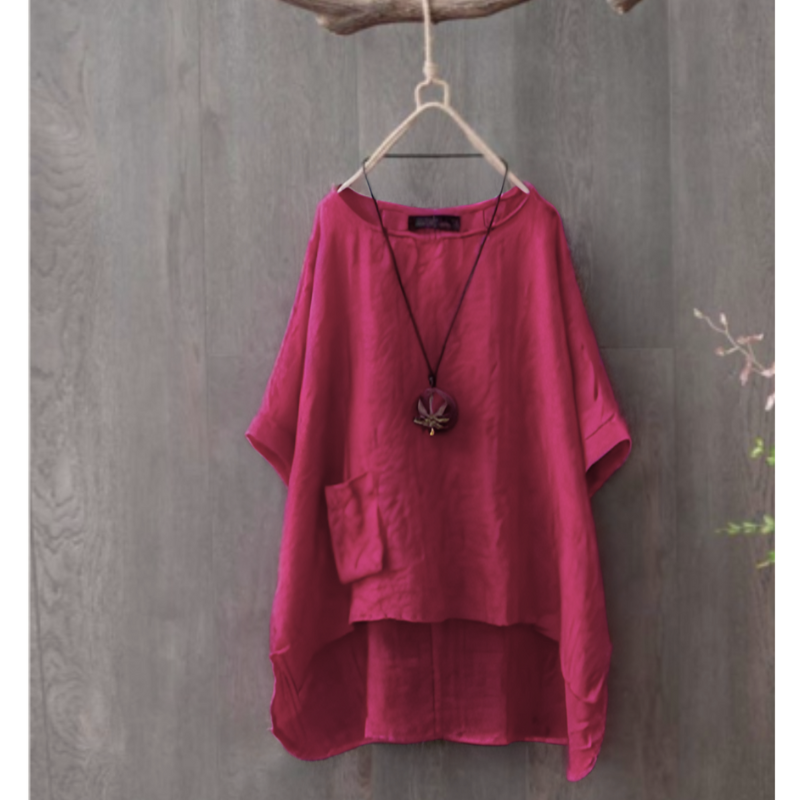 Women's Linen Tunic Top - Relaxed Fit - High-Low Hem - 3/4 Sleeve Lightweight Linen Blend