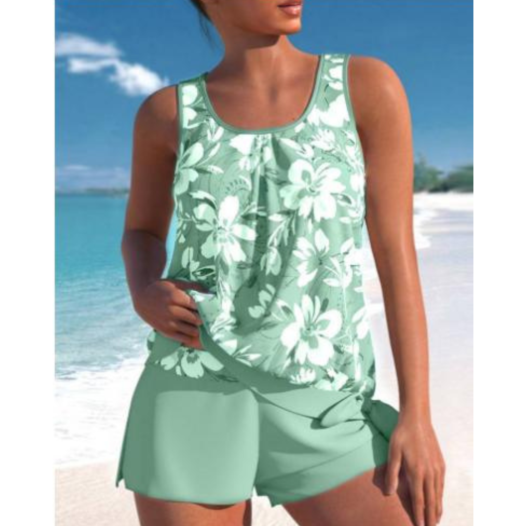 Women’s Tankini Set – Flowy Floral Top – Mid-Thigh Shorts – Relaxed Fit – Breathable Blend