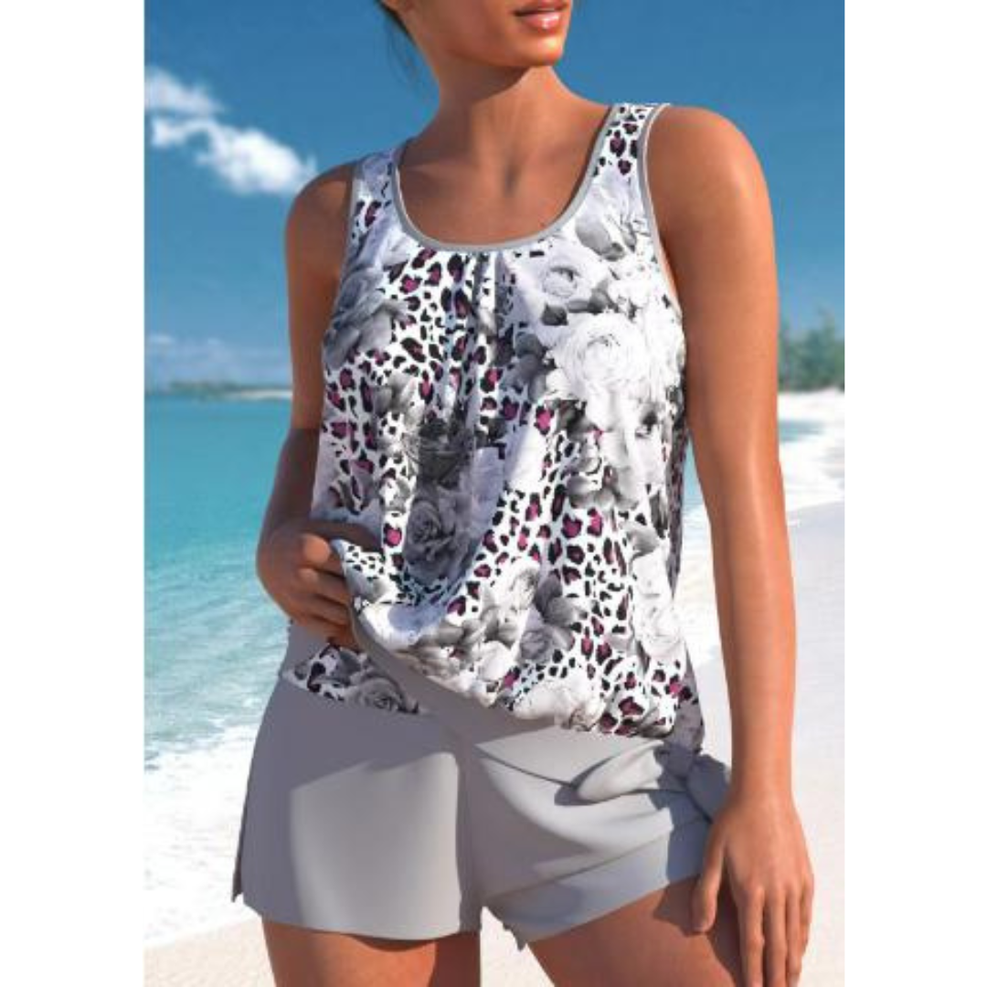Women’s Tankini Set – Flowy Floral Top – Mid-Thigh Shorts – Relaxed Fit – Breathable Blend