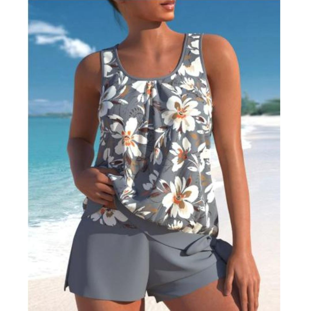Women’s Tankini Set – Flowy Floral Top – Mid-Thigh Shorts – Relaxed Fit – Breathable Blend