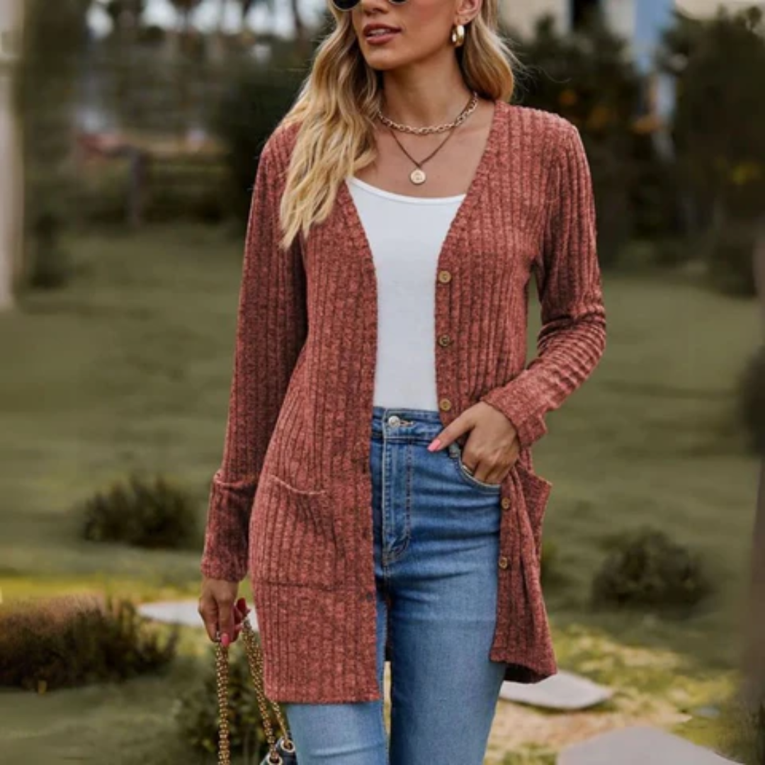 Women's long sleeved cardigan with V-neck