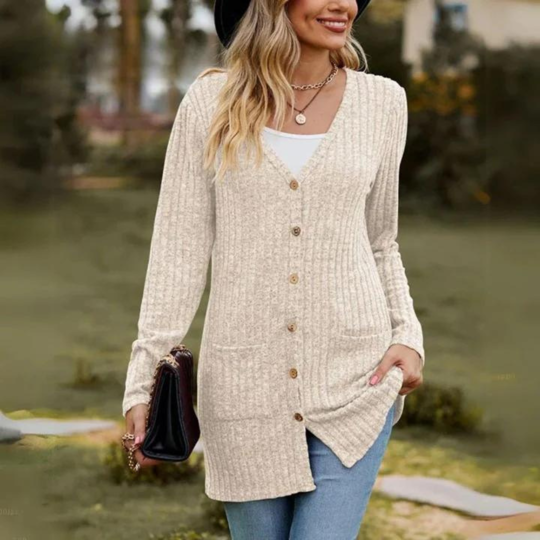 Women's long sleeved cardigan with V-neck